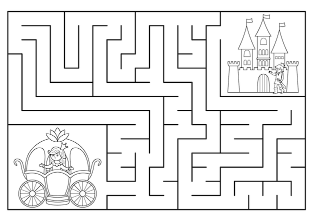 ファンタジーキャラクターと子供のためのおとぎ話の白黒の迷路 魔法の王国 馬車城との就学前の印刷可能な活動 王女の王子様との幾何学的な迷宮ゲームぬりえページ