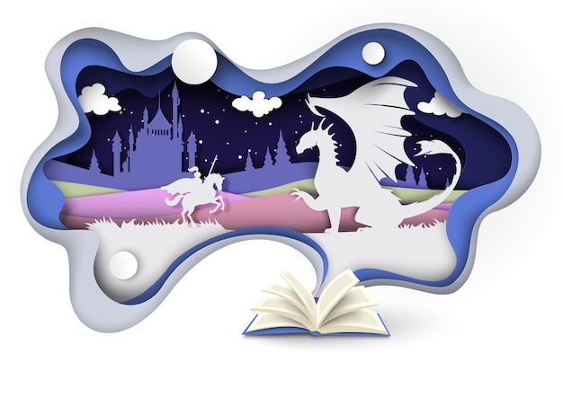 Vector fairytale book with knight fighting dragon papercut design
