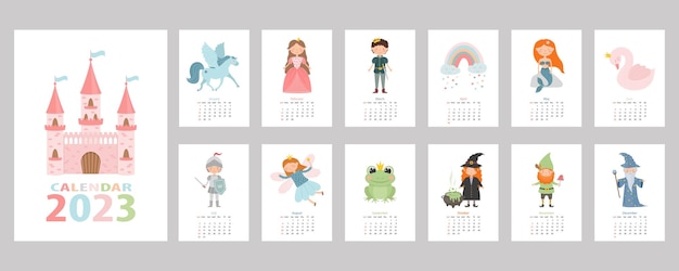 Vector fairytale calendar for 2023, with cartoon characters, princess, prince, fairy, pegasus, stargazer