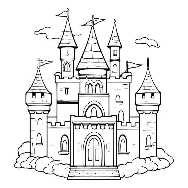 Fairytale castle Black and white vector illustration for coloring book