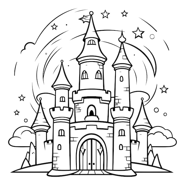 Vettore castello di favole illustrazione vettoriale in bianco e nero per il libro da colorare