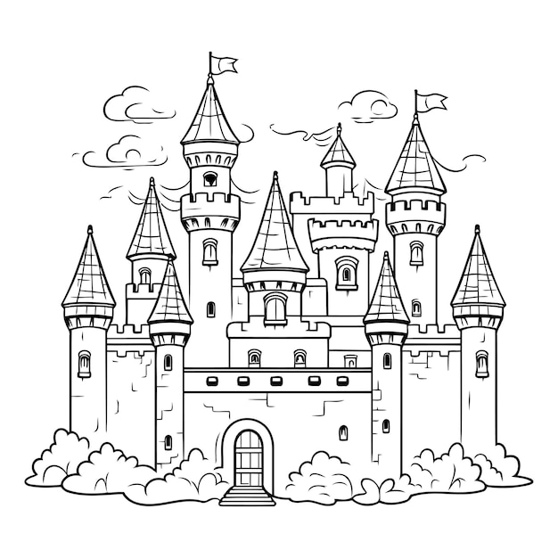 Fairytale castle Black and white vector illustration for coloring book