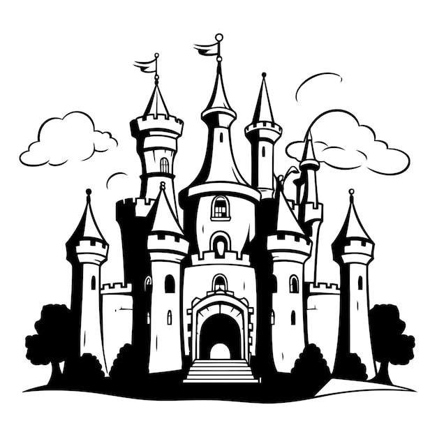 Vector fairytale castle on a white background black and white vector illustration