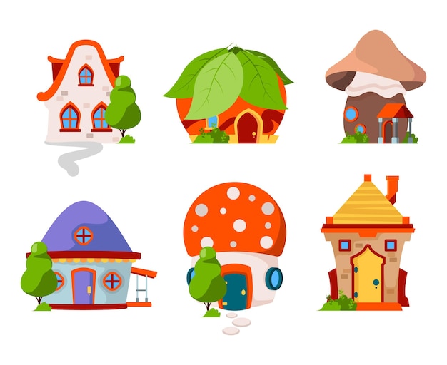 Fairytale castles. Wooden magic buildings fantasy village cottage vector cartoon houses. Illustration building fairytale, magic fantasy house