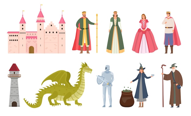 おとぎ話のキャラクター。漫画の中世の王子と王女、ドラゴン、騎士、魔女と魔法使い。魔法の王宮、女王と王のベクトルセット。イラストおとぎ話と王国、兵士とドラゴン