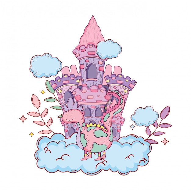 Fairytale dinosaur with castle in clouds