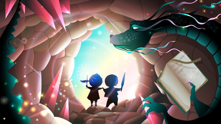 Vector fairytale dragon and kids adventure in magic cave