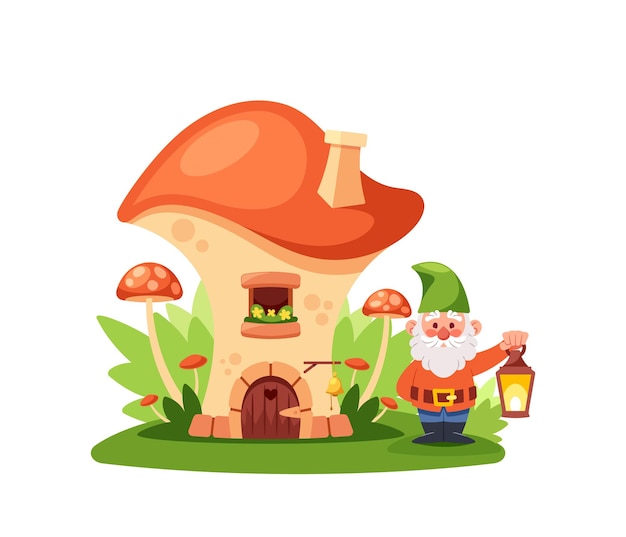 Vector fairytale dwarf holding lantern near the mushroom house cartoon gnome dwelling home with wooden door window and pipe on roof cute fantasy hut on green field cartoon vector illustration