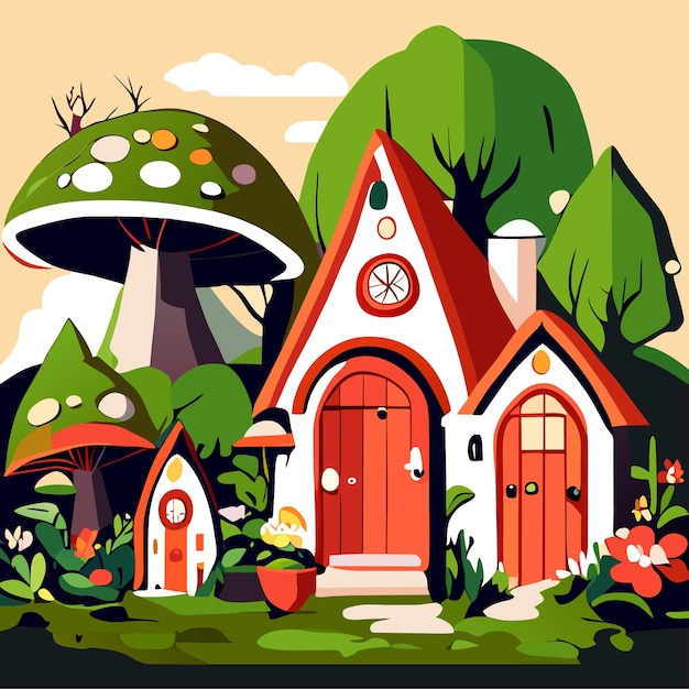 Fairytale fantasy houses and cottages of gnomes and elves with doors and windows