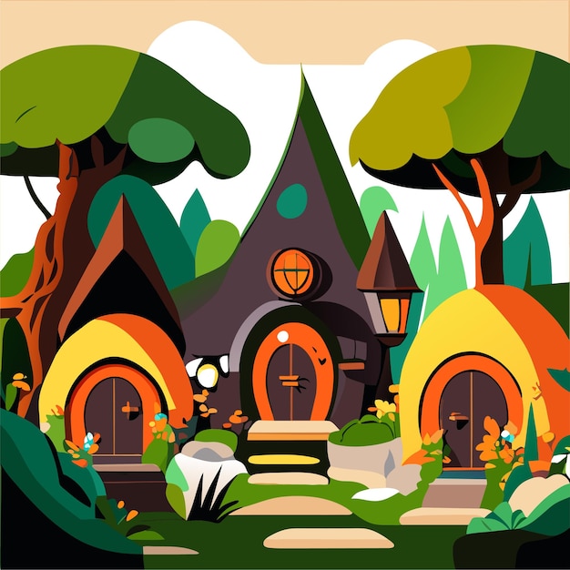 fairytale fantasy houses and cottages of gnomes and elves with doors and windows