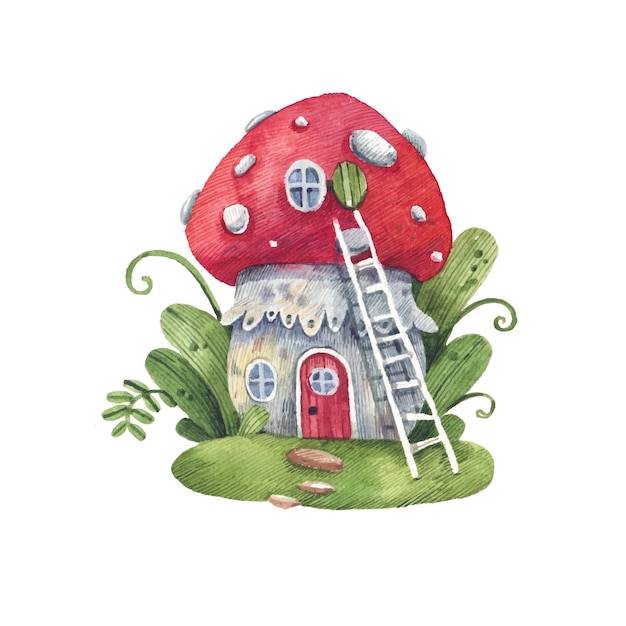 Сказочный дом мухомора в зеленом саду акварельной иллюстрации в мультяшном стиле. мухомор дом