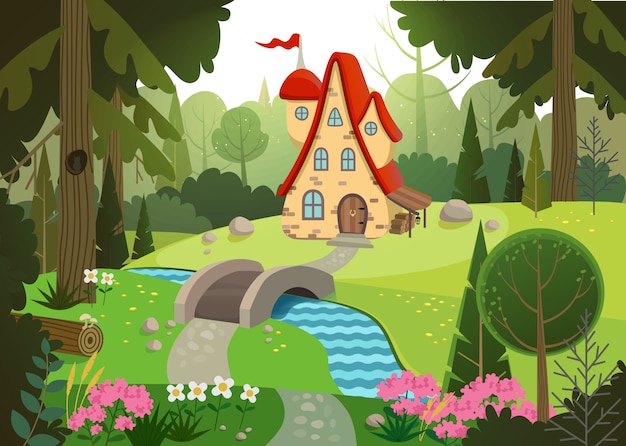 Foresta da favola con una casa e un ponte sul fiume. casa circondata da alberi e fiume. illustrazione.