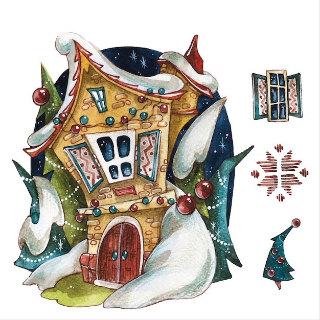 Fairytale house Christmas verhaal items hand getekende aquarel illustraties instellen Nieuwjaar boom en decoraties op witte achtergrond