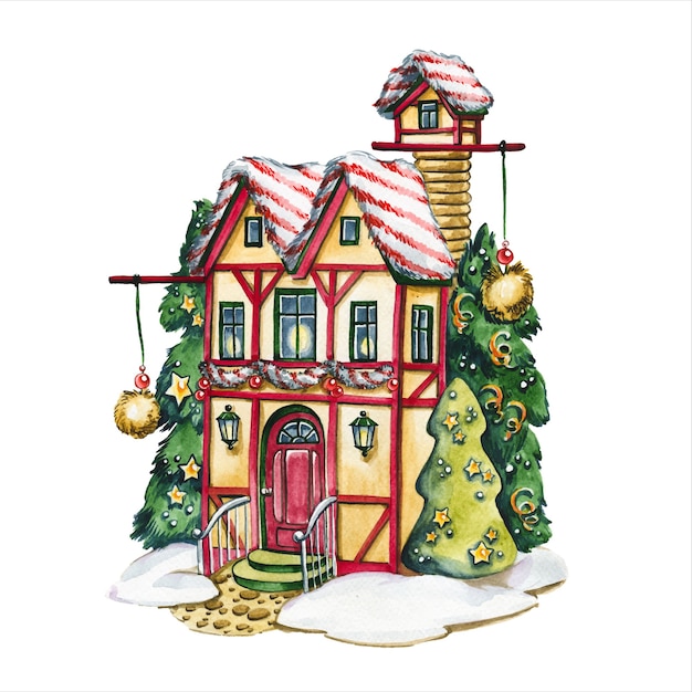 Fairytale house hand drawn watercolor illustration. Fabulous hut facade surrounded by decorated New Year trees on white background. Building with Xmas decorations aquarelle painting