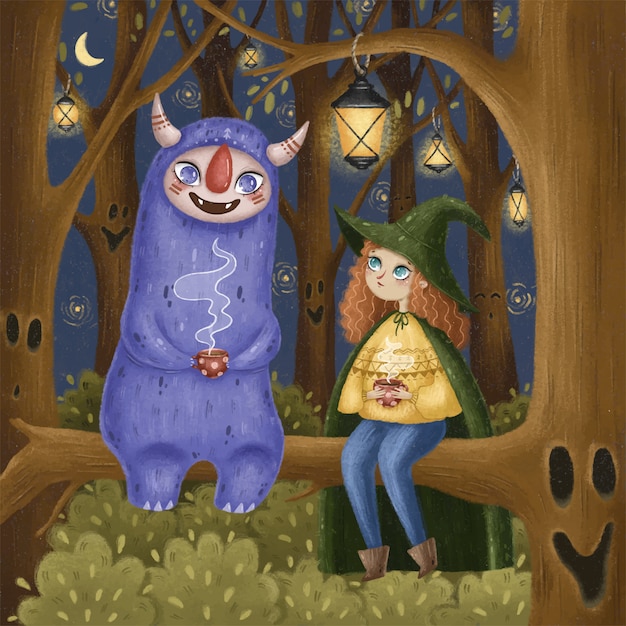 Сказочная иллюстрация. маленькая ведьма со сказочным монстром пьет чай ночью в лесу.
