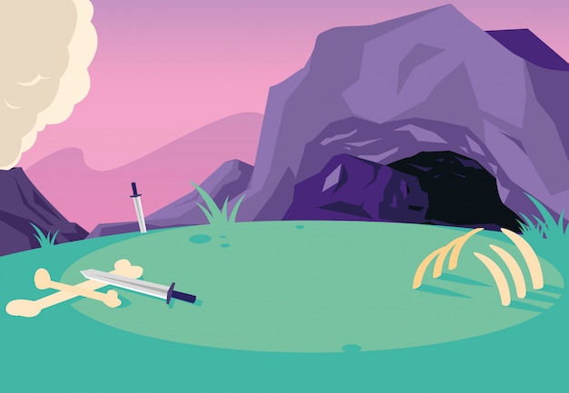 Vector fairytale landscape scene with cabe and swords