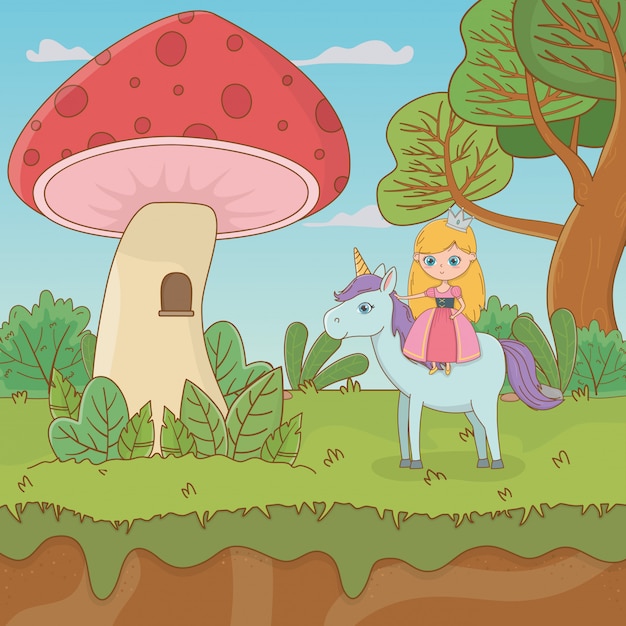 Vector fairytale landscape scene with fungus and princess in unicorn