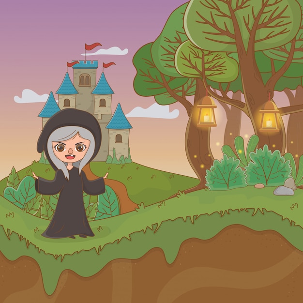 Fairytale landscape scene with witch