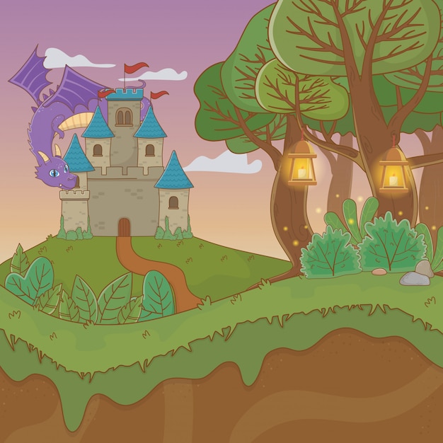 Vector fairytale landschapsscène met kasteel en draak