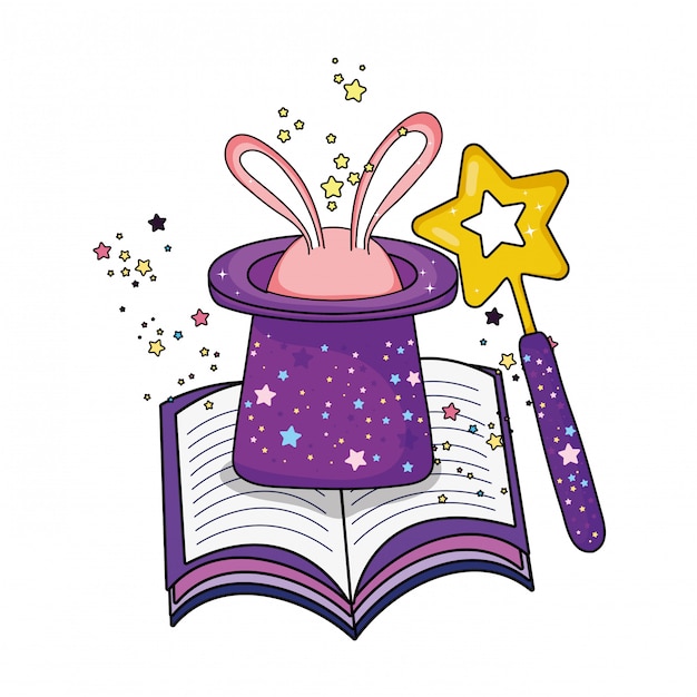 Vector fairytale magic hat with rabbit ears and wand