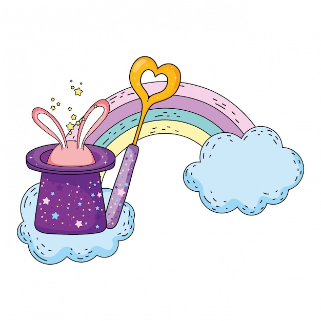 Vector fairytale magic hat with rabbit ears and wand