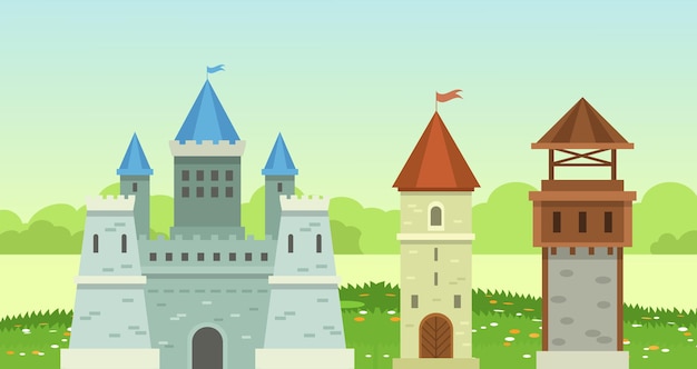 Сказочная средневековая башня, замок принцессы, укрепленный дворец с воротами, средневековые здания