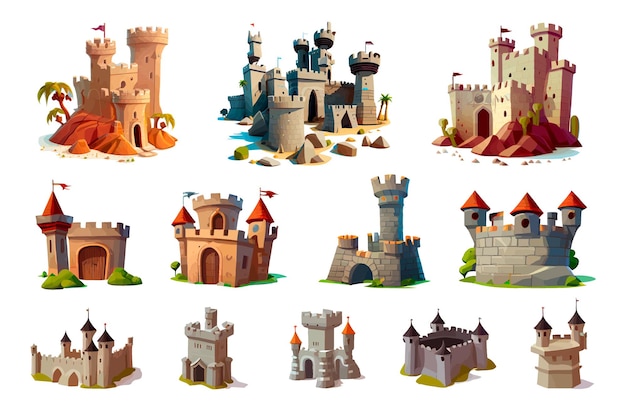 Vector fairytale medieval towers and castles. cartoon towers, kingdom fortresses, old ancient magic castles