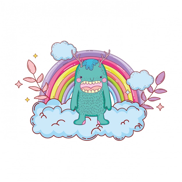 Fairytale monster with clouds and rainbow