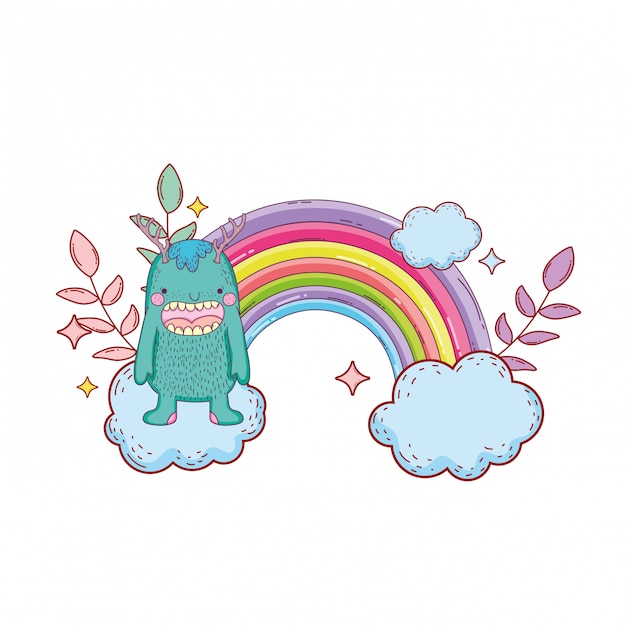 fairytale monster with clouds and rainbow