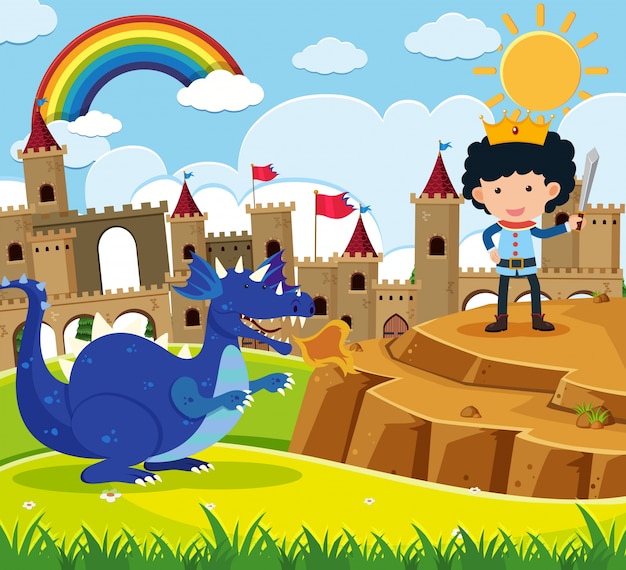 Fairytale scene with prince and blue dragon