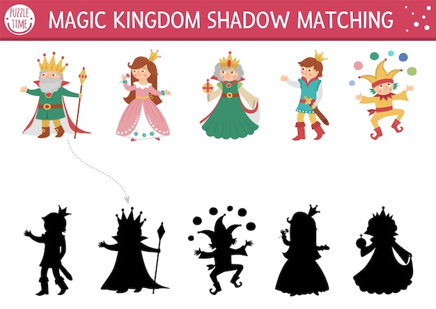 Fairytale shadow matching activity with king queen prince princess Magic kingdom puzzle with cute characters Find correct silhouette printable worksheet or game Fairy tale page for kidsxA