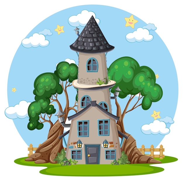 Vector fairytale tower decorated with tree