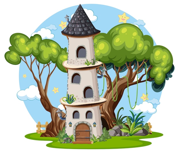 Vector fairytale tower decorated with tree