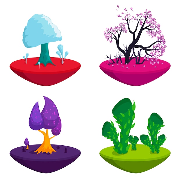 Fairytale trees set. Fantasy plants nature landscape elements, Funny colorful magic trees.