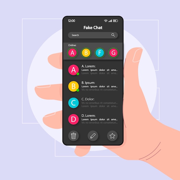 Fake chat smartphone interface vector template mobile app page color design layout chatting messages screen flat ui for application hand holding phone with false conversation maker on display