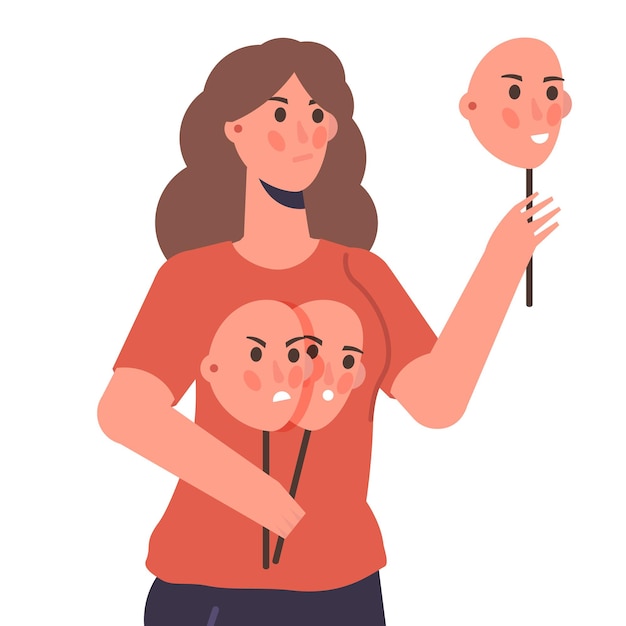 Fake emotion, play a role concept. character holds masks with different emotions. vector illustration, flat style