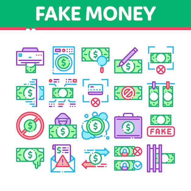 Fake Money Collection Elements Icons Set