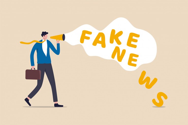 वेक्टर fake news or misleading information that people share on social media and internet concept, businessman holding megaphone talking or telling fake news.