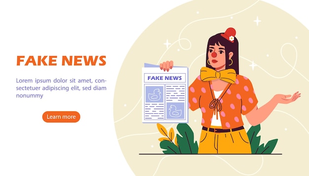 Fake news poster vrouw met krant in de hand slechte massamedia propaganda en desinformatie landing