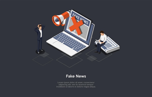 Fake News Spreading Concept Illustration. Isometric Vector Composition, Cartoon 3D Style. Dark Background, Text. Laptop With Information On Screen, Newspaper, Two Characters, Loudspeaker, Red Cross.