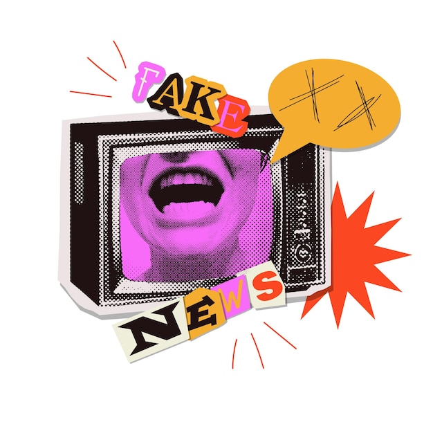 Fake news trendy retro collage with screaming face in tv with halftone effect and speech bubble