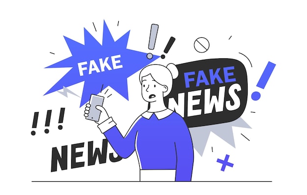 Fake news vrouw eenvoudig jong meisje met luidspreker in de buurt van propaganda en desinformatie massamedia