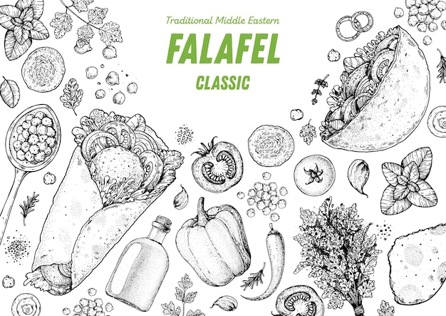 Falafel cooking and ingredients for falafel sketch illustration Middle eastern cuisine frame Street food design elements Hand drawn menu and package design Vegan food