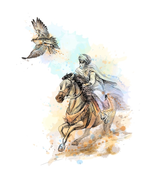 Caccia al falco. uomo arabo con un falco e un cavallo da una spruzzata di acquerello, schizzo disegnato a mano. illustrazione di vernici