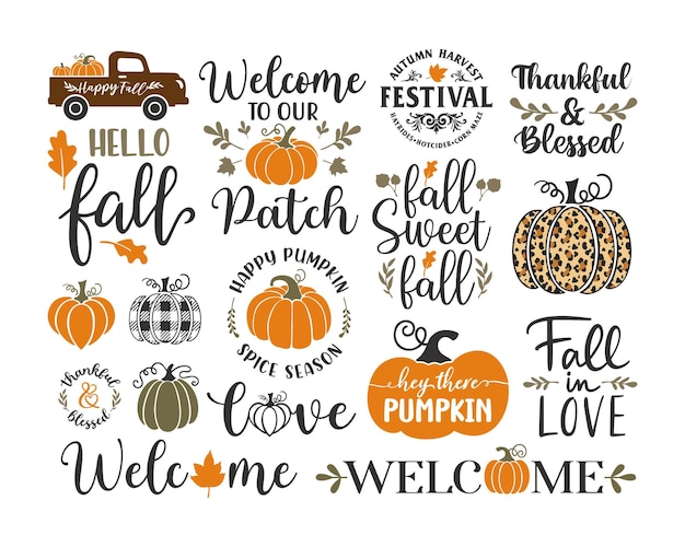 Fall Autumn lettering thanksgiving day hello fall sign happy fall love pumpkin leaves acorns vector