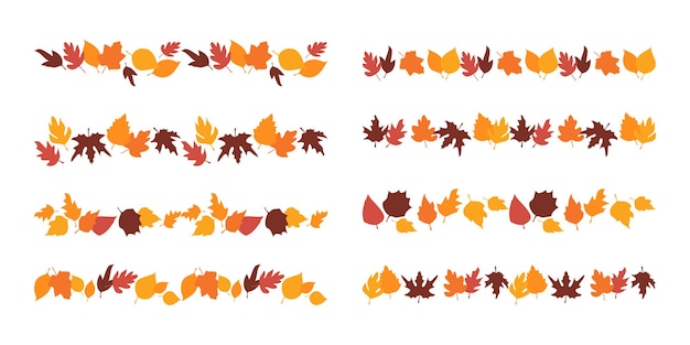 Fall border lines from autumn botanical leaves Set of autumn leaves pattern line herbal elements