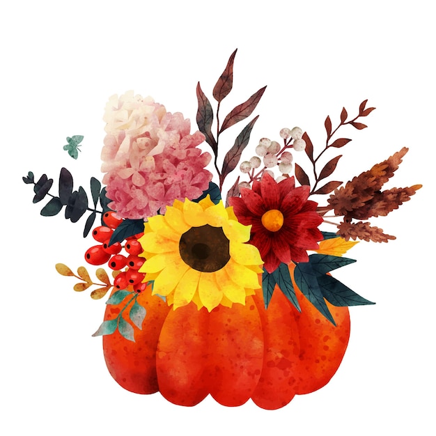 カボチャの花瓶の手描きのベクトルの秋の花束
