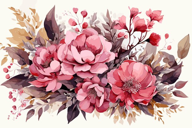 Vector fall brown maroon purple plum pink watercolor floral arrangement isolated on white background vector