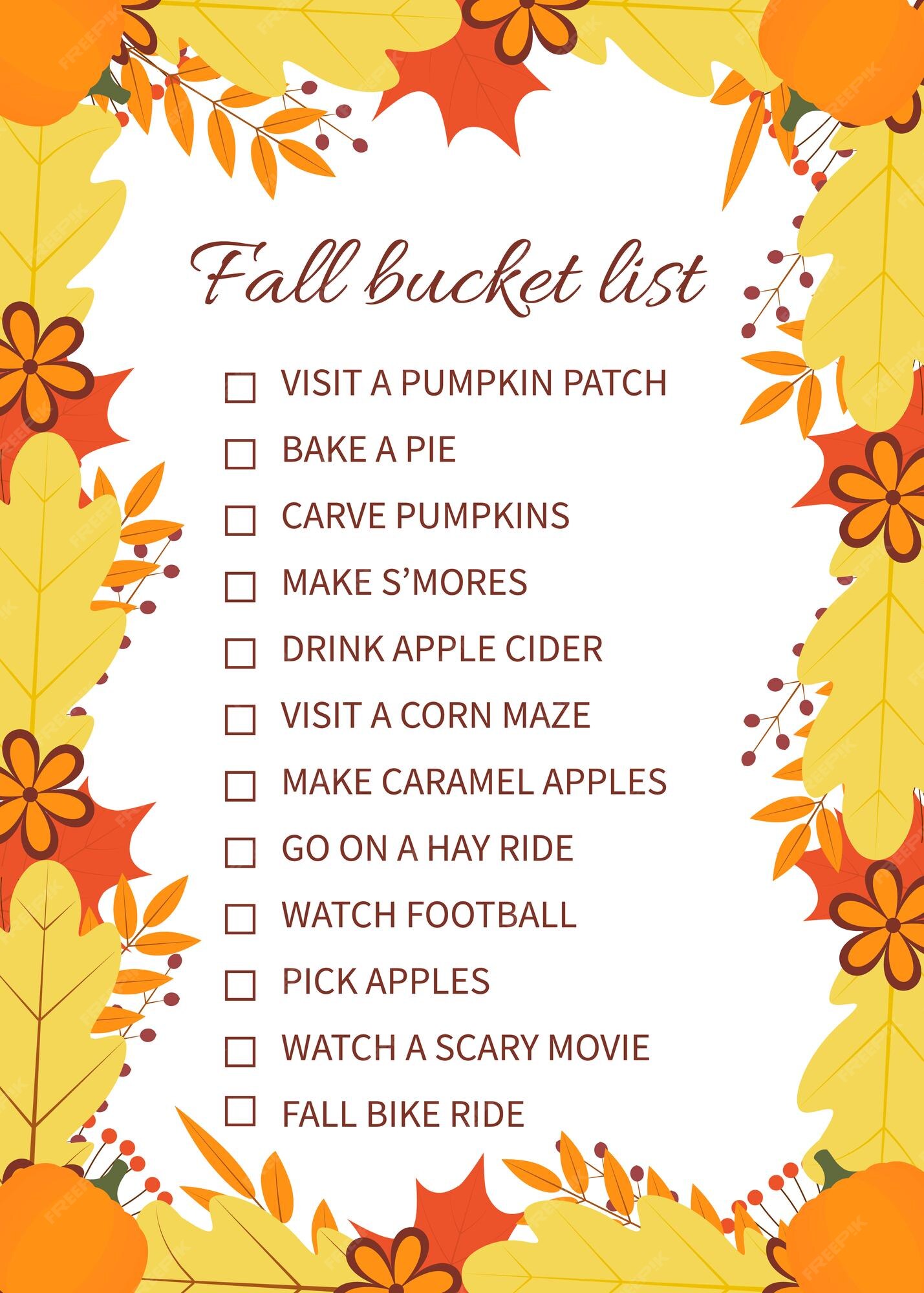 Premium Vector | Fall bucket list funny autumn things to do checklist  seasonal activity planner page frame of colorful leaves autumn wish list  easy to edit vector template