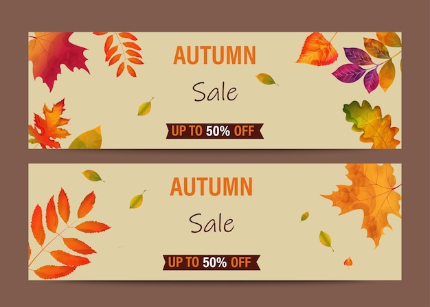 fall discounts two banners with leaves and discounts vector illustration